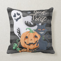 Trick or treat ghost carved pumpkin black cat throw pillow