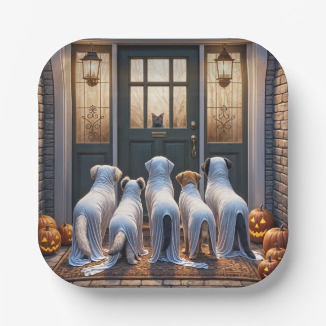 Trick or Treat Ghost Dogs Paper Plates (Front)