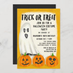 Trick or Treat Ghost Halloween Costume Birthday Invitation<br><div class="desc">This cool and modern Halloween costume birthday party invitation is perfect for your son's or daughter's special day. It features hand-drawn illustrations of a ghost and three jack o'lantern pumpkins on top of an abstract white and orange background. It's fun, playful, cute, unique, and spooky. Enjoy this design with hand-drawn...</div>