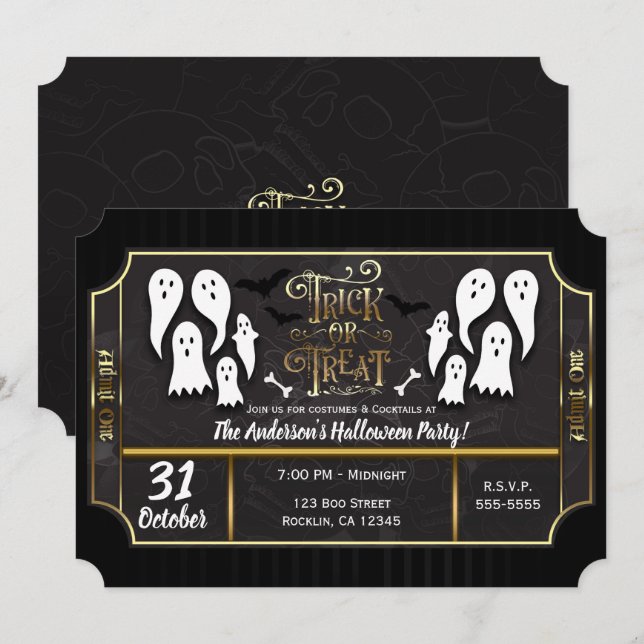 Trick or Treat Ghosts Black & Gold Halloween Party Invitation (Front/Back)