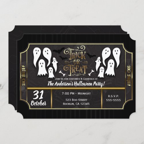Trick or Treat Ghosts Black  Gold Halloween Party Invitation