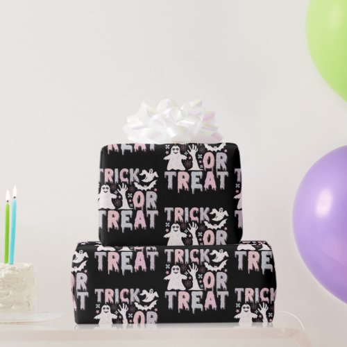 Trick or Treat Ghosts Cute Black Halloween Wrapping Paper