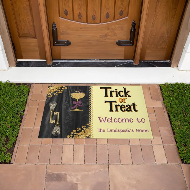 Trick or Treat Gold Glitter Skulls Halloween Doormat (Outdoor)