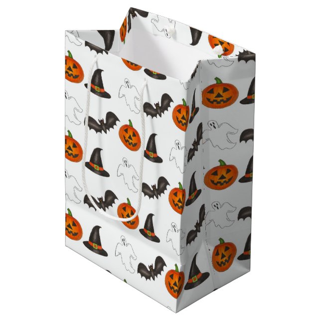 Trick-or-Treat Halloween Bat Pumpkin Ghost Witch Medium Gift Bag (Front Angled)