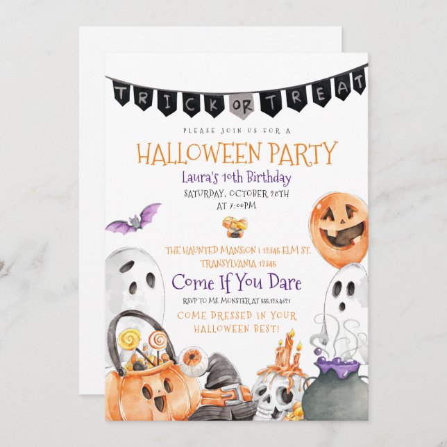 Trick or Treat Halloween Birthday Invitation (Front/Back)