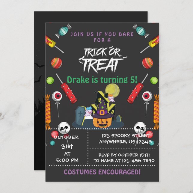 Trick or Treat, Halloween Birthday Invitation (Front/Back)