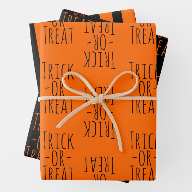 Trick-or-Treat Halloween Black and Orange Patterns Wrapping Paper Sheets (In situ)