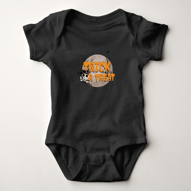 Trick or Treat Halloween Black Cat on Skull Baby Bodysuit (Front)