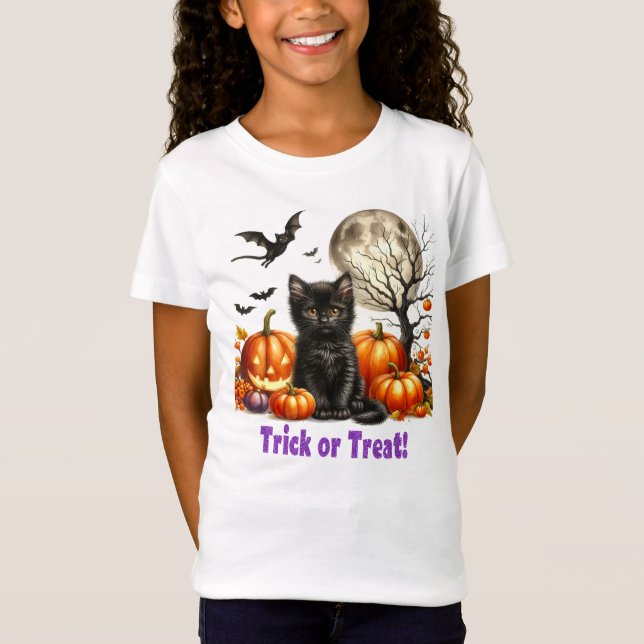 Trick or Treat Halloween Black Cat Pumpkin T-Shirt (Front)