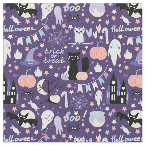 Trick or Treat Halloween Black Cat Pumpkins Purple Fabric