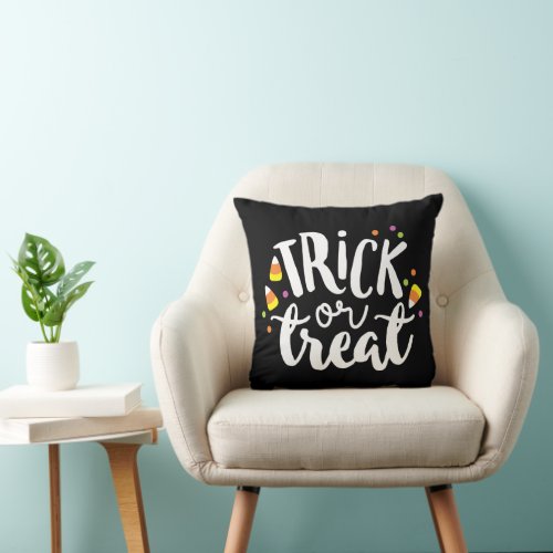 Trick or Treat Halloween Candy Corn Cute Black Throw Pillow