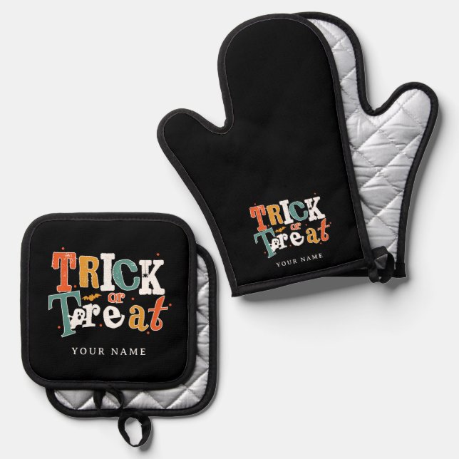Trick Or Treat Halloween Custom Name Oven Mitt & Pot Holder Set (Front/Back)