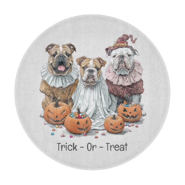 Trick Or Treat Halloween English Bulldogs Pumpkin Cutting Board (Front)