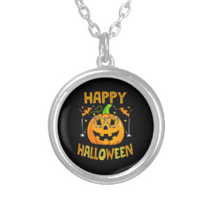 Trick Or Treat Halloween Funny Pumpkin Happy Hallo Silver Plated Necklace