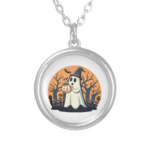 trick or treat _ halloween ghost silver plated necklace