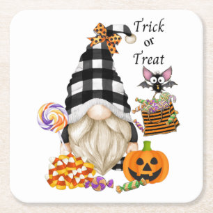 Trick or Treat Halloween Gnome Square Paper Coaster