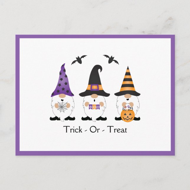 Trick Or Treat Halloween Gnomes Purple Orange Postcard (Front)