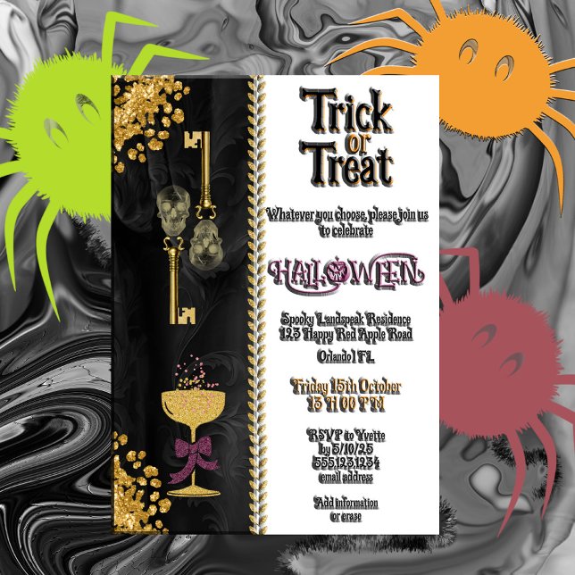 Trick or Treat Halloween Gold Glitter Skulls Invitation (Creator Uploaded)