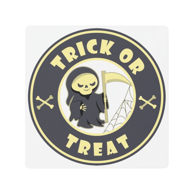 Trick or treat Halloween grim reaper character Metal Print (Front)