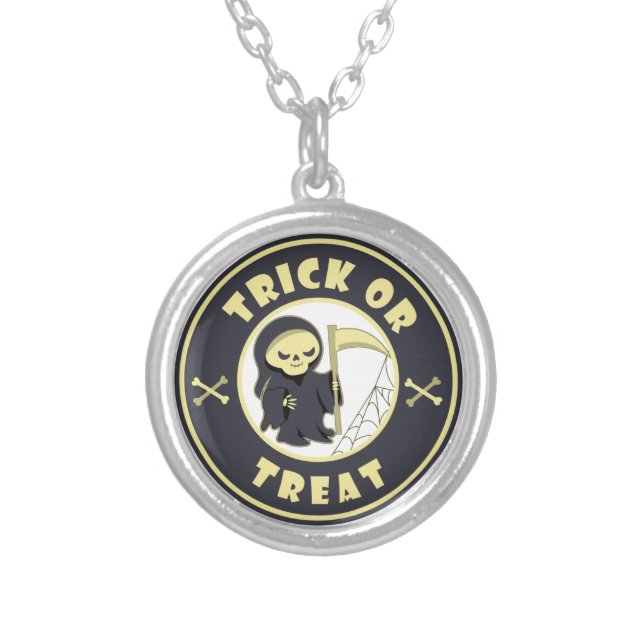 Trick or treat Halloween grim reaper character Silver Plated Necklace (Front)
