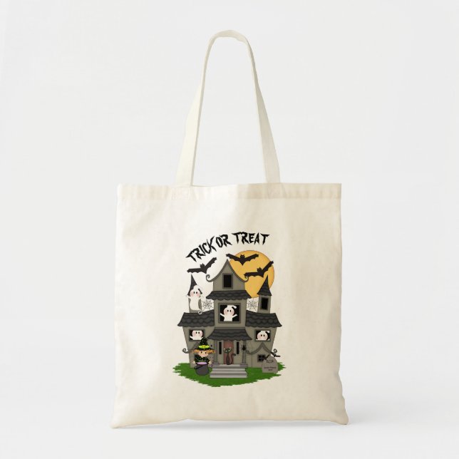 Trick or treat Halloween haunted house with witch Tote Bag (Front)
