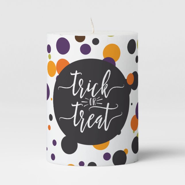 Trick or Treat Halloween Modern Brush Font Pillar Candle (Front)