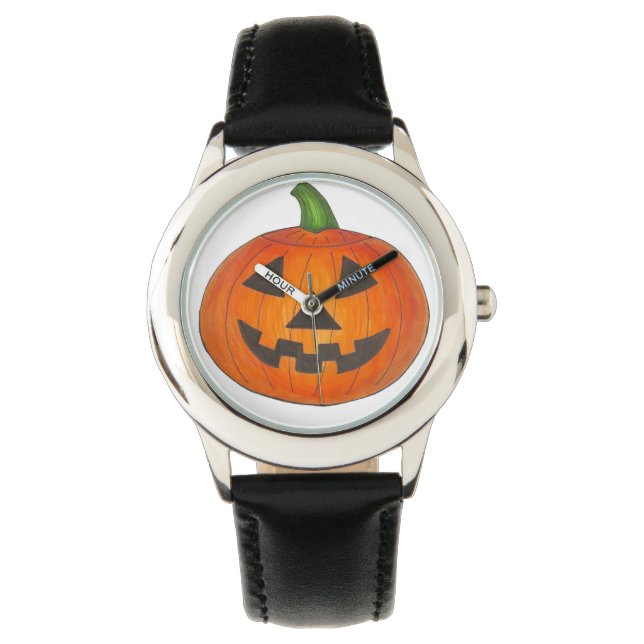 Trick or Treat Halloween Orange Carved Pumpkin Watch (Front)