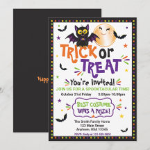 Trick or Treat Halloween Party Cute Bat and Moon