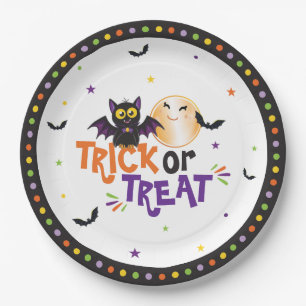 Trick or Treat Halloween Party Cute Bat and Moon Paper Plates