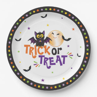 Trick or Treat Halloween Party Cute Bat and Moon Paper Plates