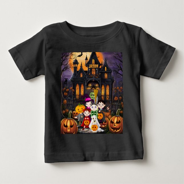 Trick or Treat Halloween Personalize Name Baby T-Shirt (Front)