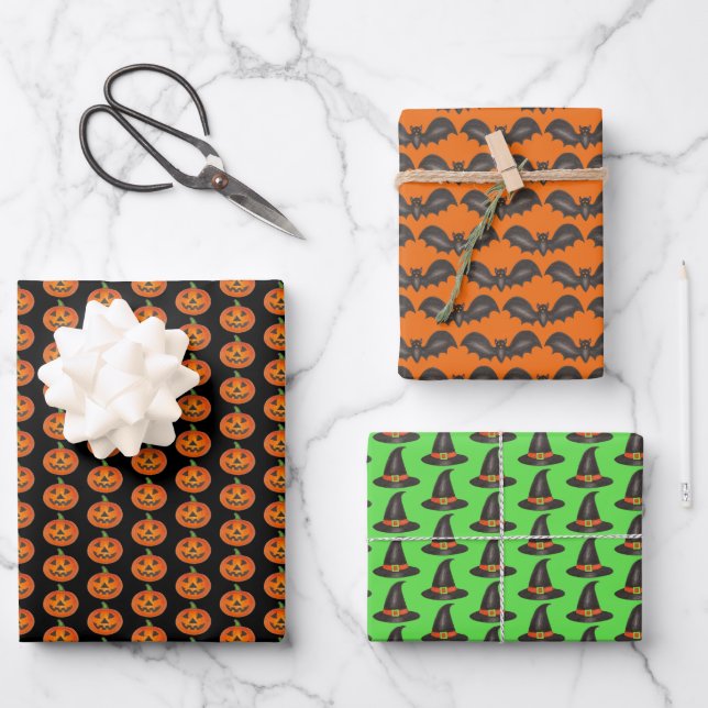 Trick or Treat Halloween Print Pumpkin Bat Witch Wrapping Paper Sheets (Front)