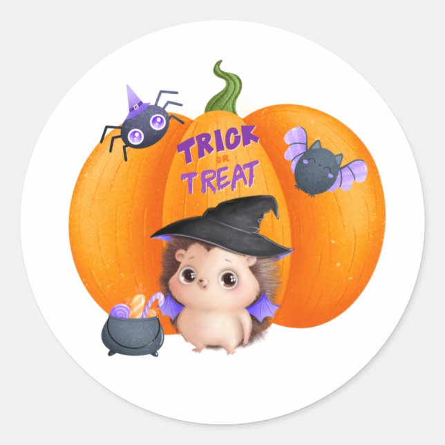 Trick or Treat Halloween Pumpkin and Hedgehog Classic Round Sticker (Front)