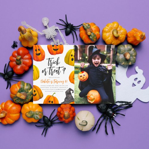 Trick or Treat Halloween Pumpkin Photo Birthday Invitation