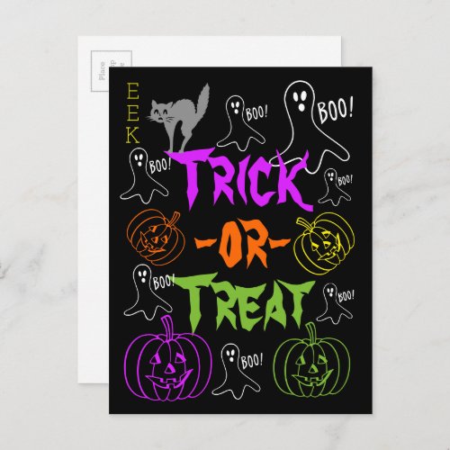 Trick_or_Treat Halloween Theme Pumpkin Ghost Cat Postcard