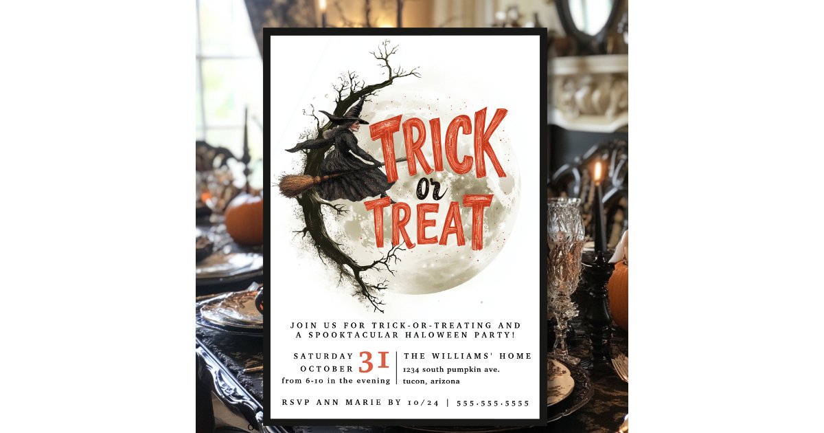 Trick or Treat Halloween Vintage Flying Witch Invitation | Zazzle