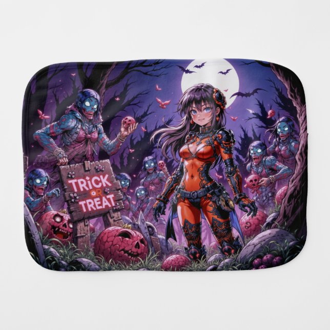 Trick or Treat Halloween Zombies Handing out Brain Baby Burp Cloth (Front Horizontal)