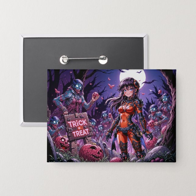 Trick or Treat Halloween Zombies Handing out Brain Button (Front/Back)