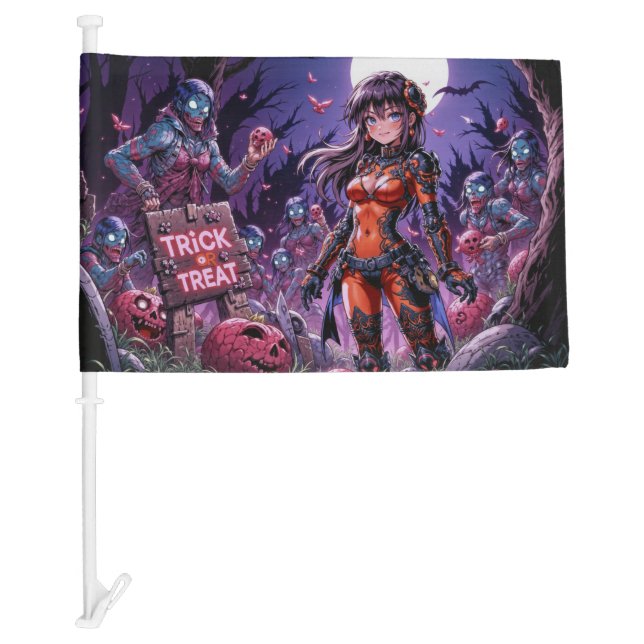 Trick or Treat Halloween Zombies Handing out Brain Car Flag (Front)