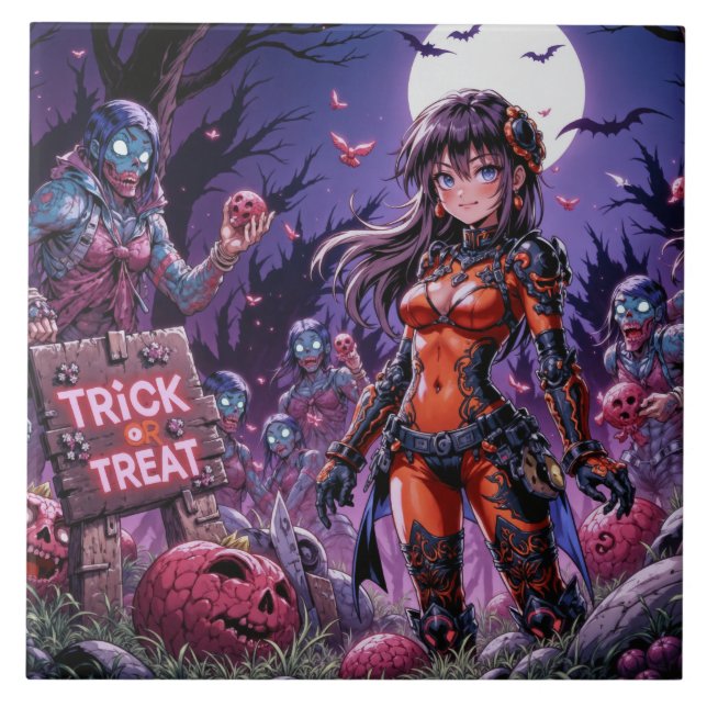 Trick or Treat Halloween Zombies Handing out Brain Ceramic Tile (Front)