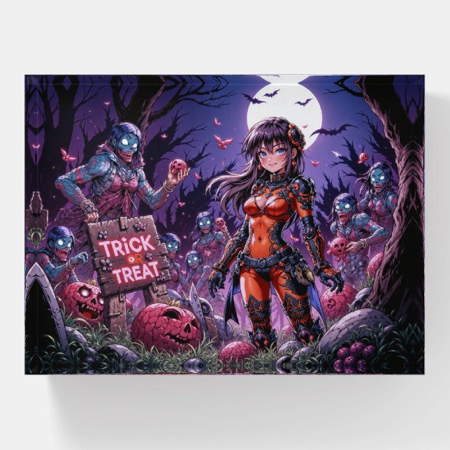 Trick or Treat Halloween Zombies Handing out Brain Paperweight (Front)