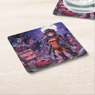 Trick or Treat Halloween Zombies Handing out Brain Square Paper Coaster