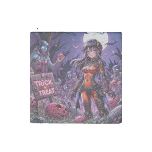 Trick or Treat Halloween Zombies Handing out Brain Stone Magnet