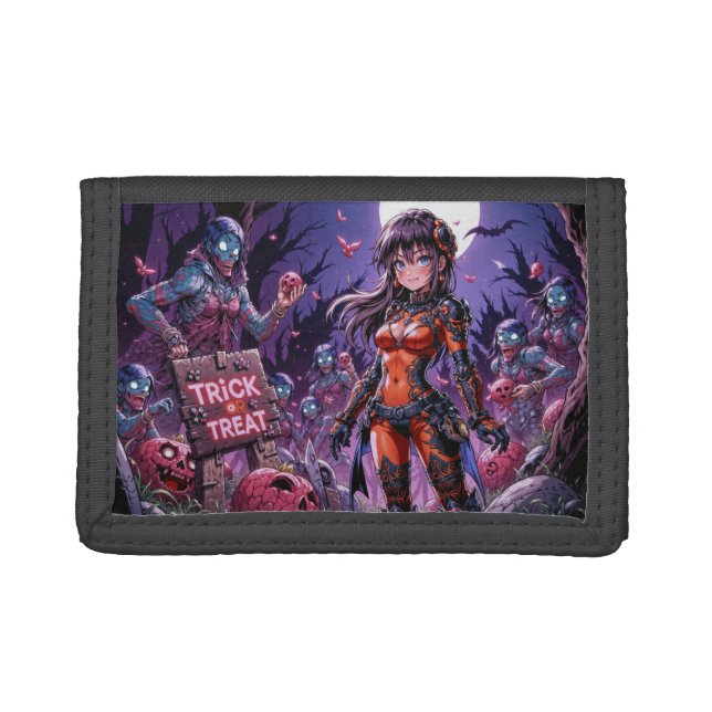 Trick or Treat Halloween Zombies Handing out Brain Trifold Wallet (Front)