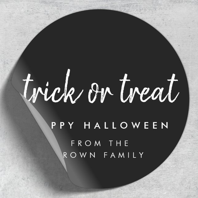 Trick or Treat | Happy Halloween Modern Black Classic Round Sticker (Creator Uploaded)