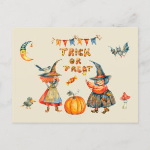 Trick or Treat Happy Halloween Watercolor Witches Postcard