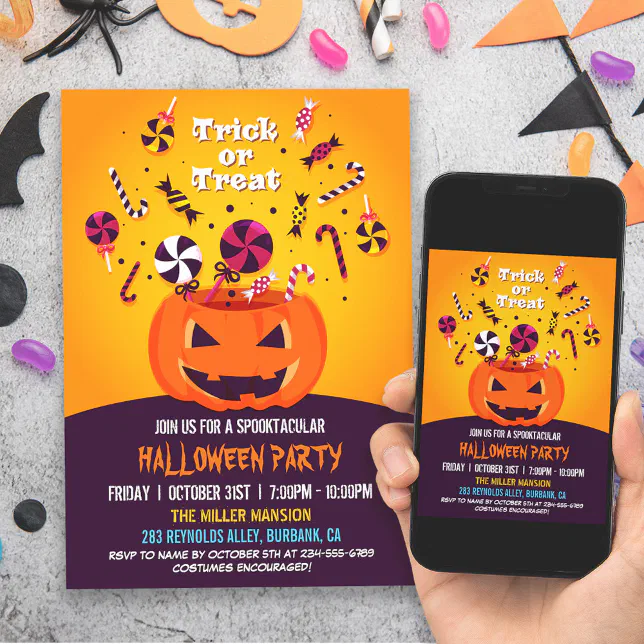 Trick or Treat Jack-O-lantern Halloween Party Invitation | Zazzle