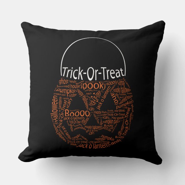Trick Or Treat Jack O Lantern Typography Black Throw Pillow (Front)