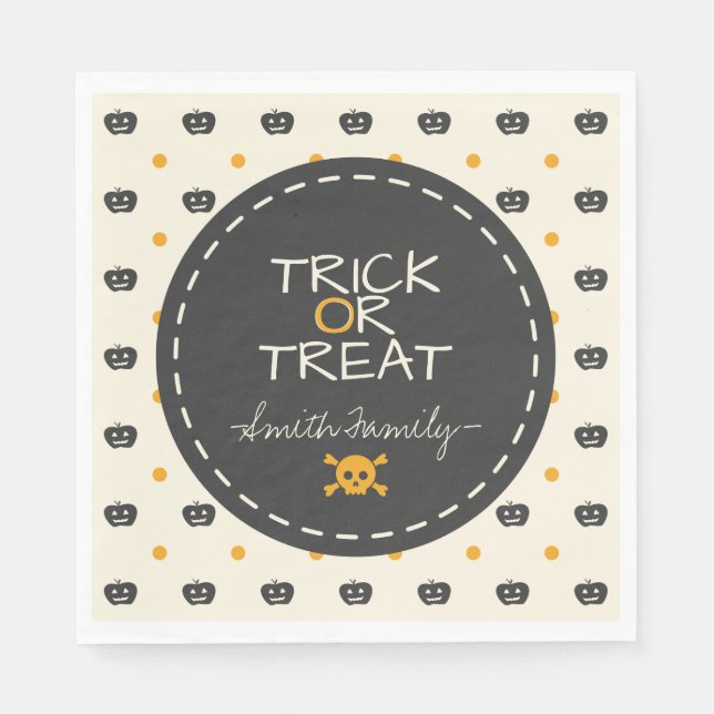 Trick Or Treat. Jack O Lantern White Polka Dots Napkins (Front)