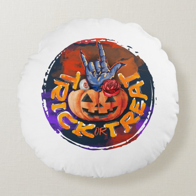 Trick or Treat – Jack-o'-Lantern with Red Rose (2) Round Pillow (Front)